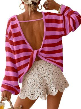Chic Women's Striped Open Back Sweater - Trendy Oversized Going Out Top